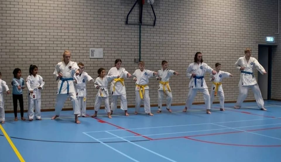 De jeugdles oefent samen een stoottechniek