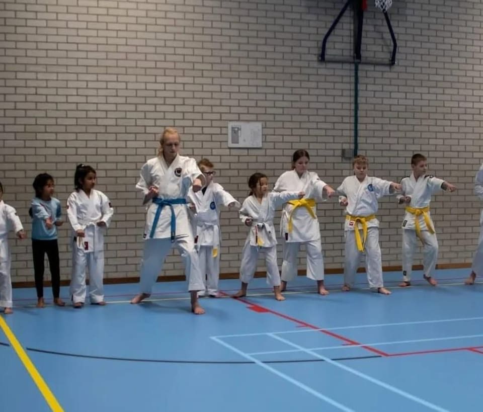 De jeugdles traint een stoot; vooraan doen kinderen in gewone sportkleding mee